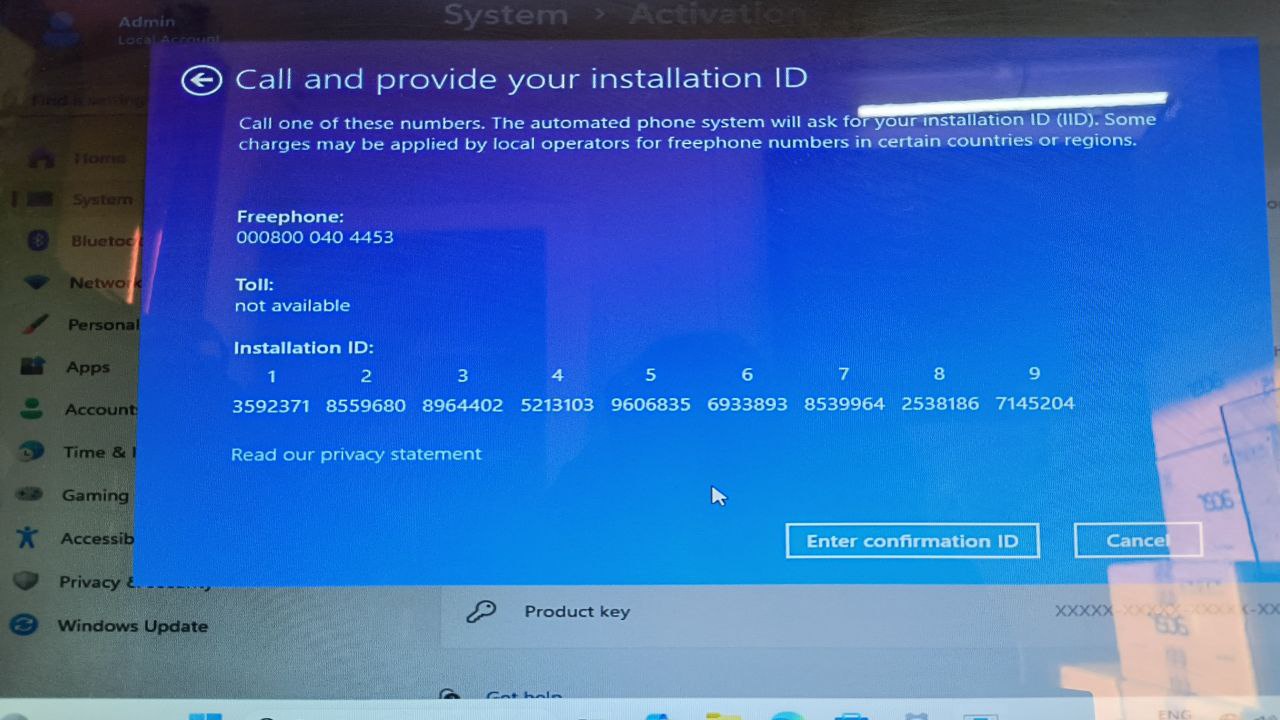 Пример экрана телефонной активации Windows